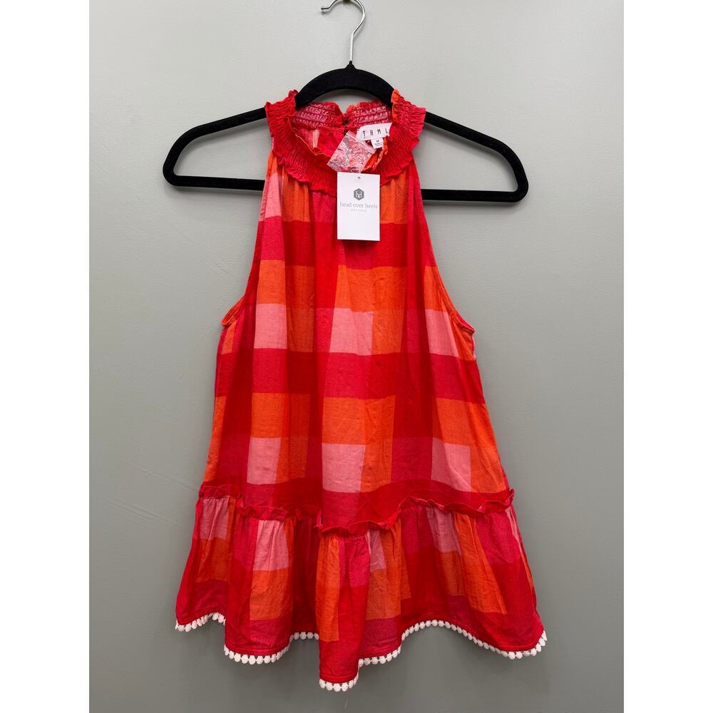 NWT Stunning THML Red & Orange Plaid Sleeveless Ruffle Neck Blouse - Picture 2 of 9